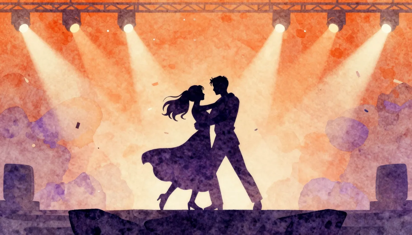 Watercolor style. Silhouette of a couple dancing on a rock s...