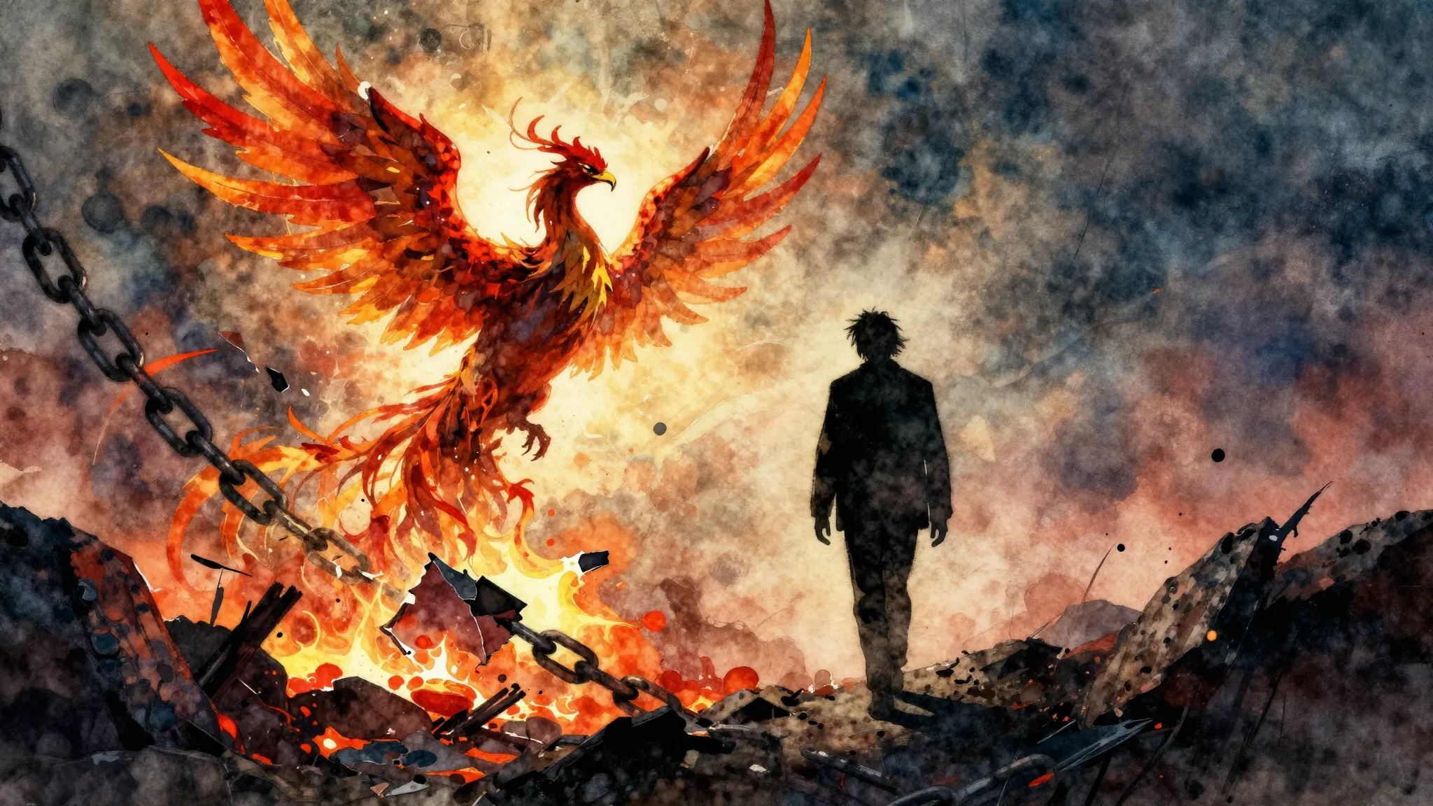 Vibrant watercolor style. Rock album cover: phoenix rising f...