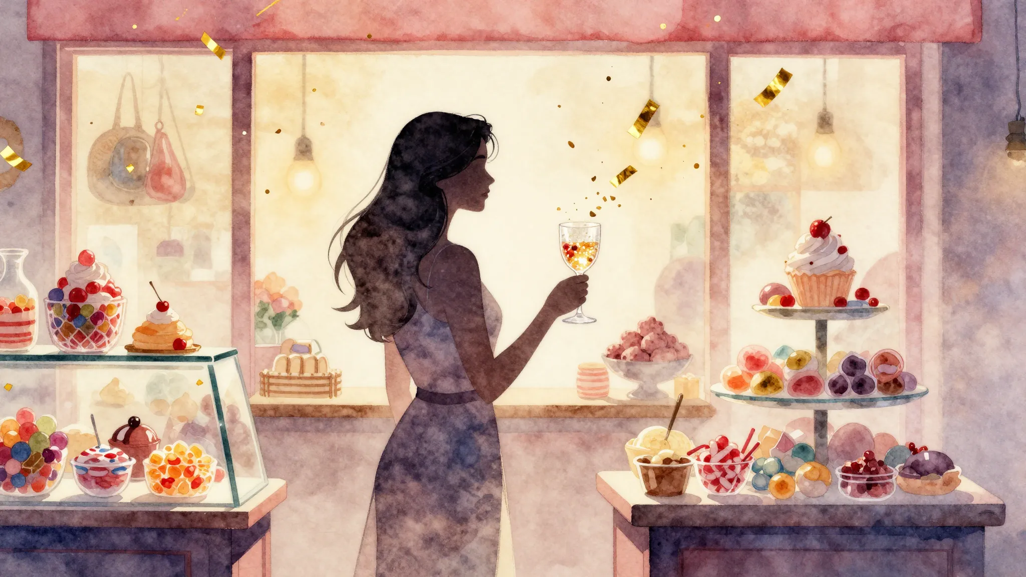 Watercolor style. A silhouette of a woman standing in a brig...