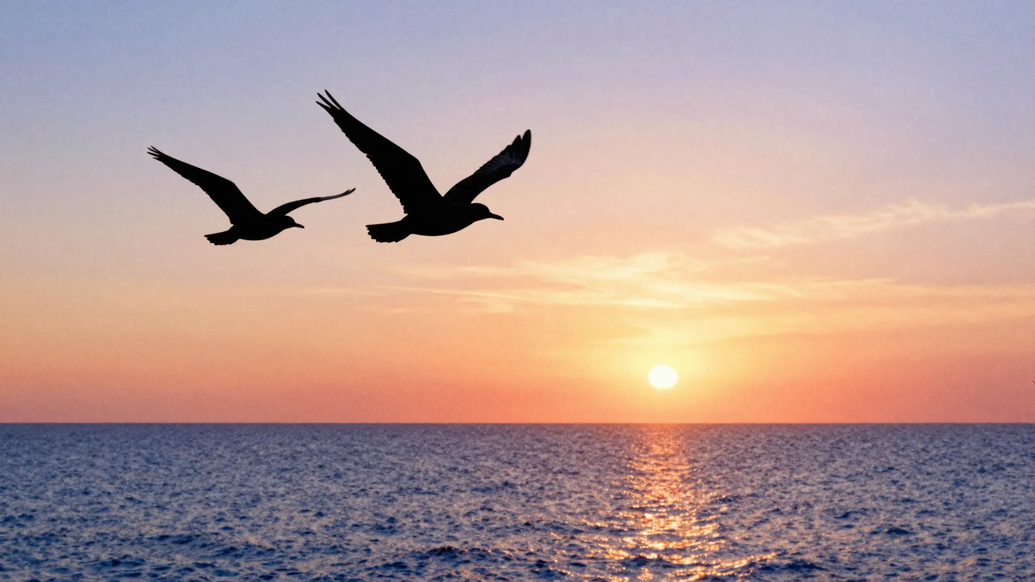 Watercolor style. A romantic sunset over a calm ocean, silho...
