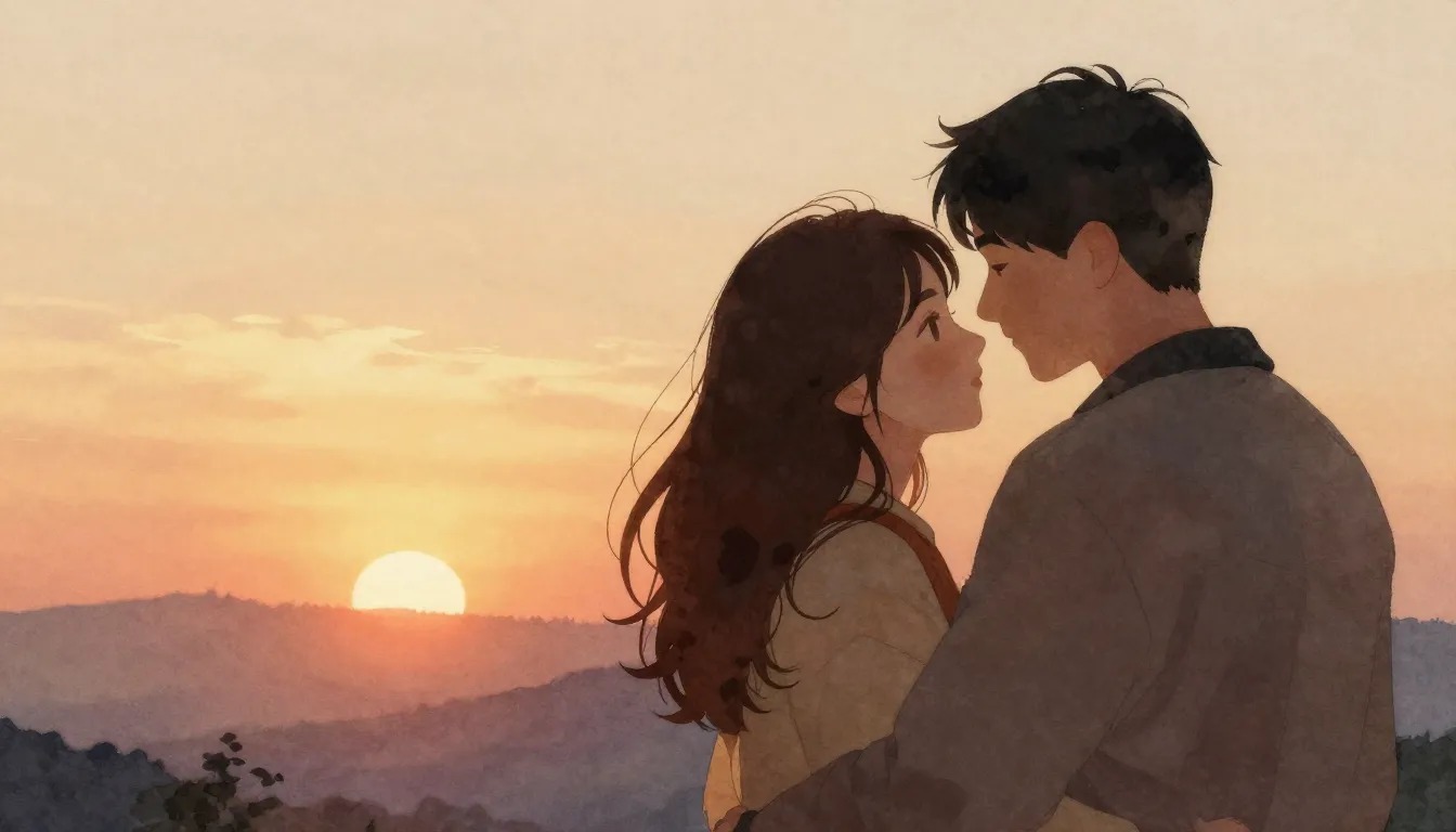 Watercolor style. A warm silhouette of a woman and a man emb...