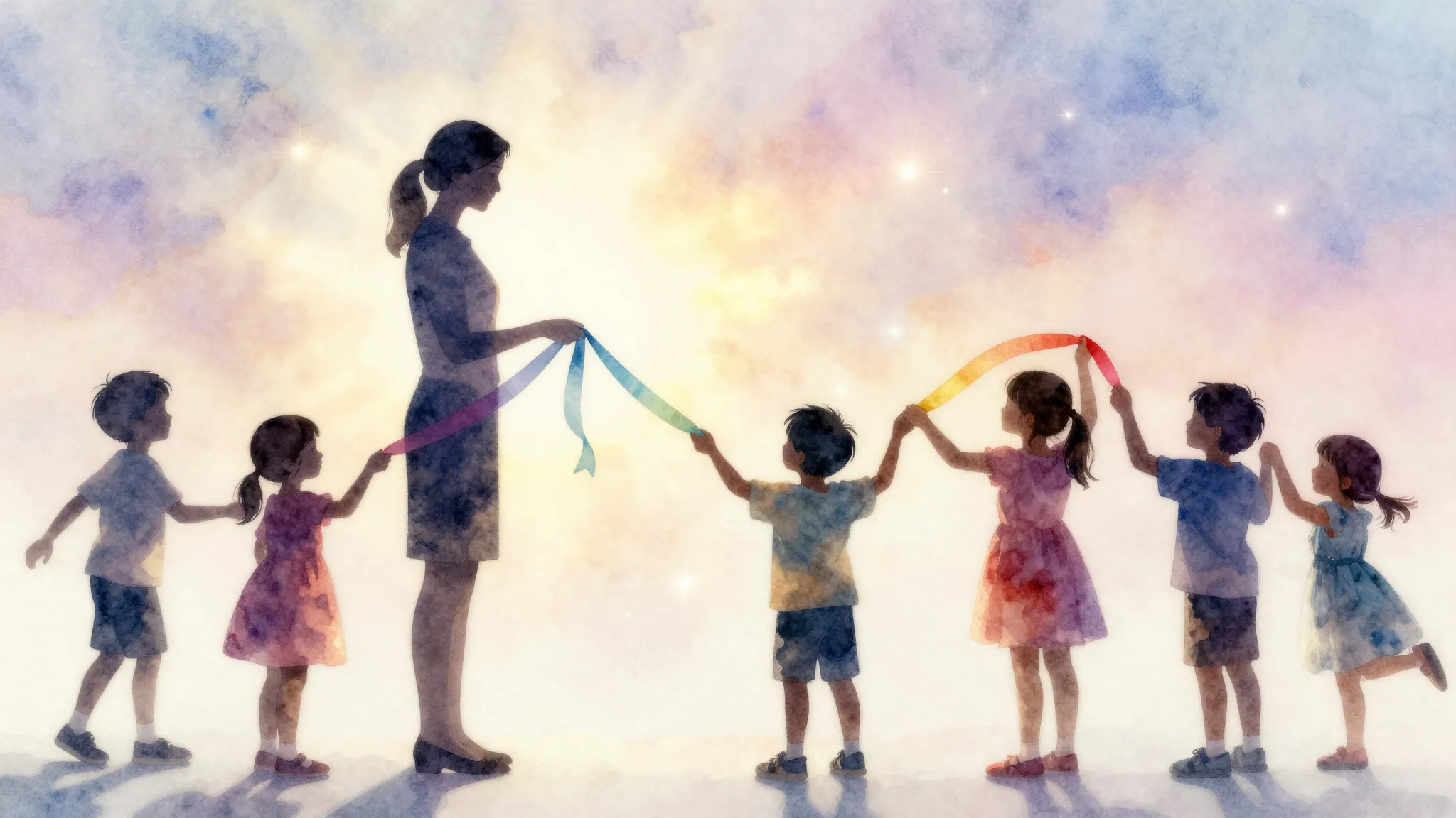 Watercolor style. Silhouettes of children holding colorful r...