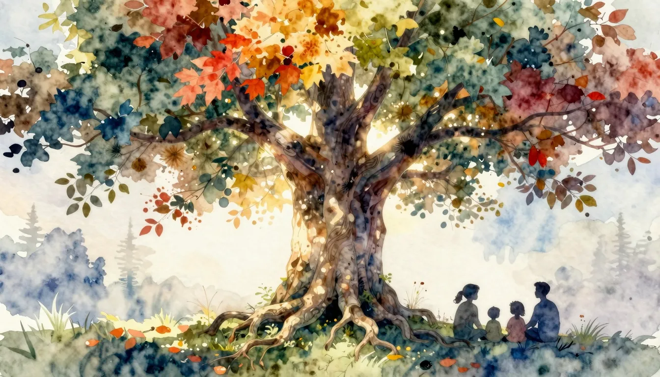 Watercolor style. A large, glowing ancient tree with deep ro...