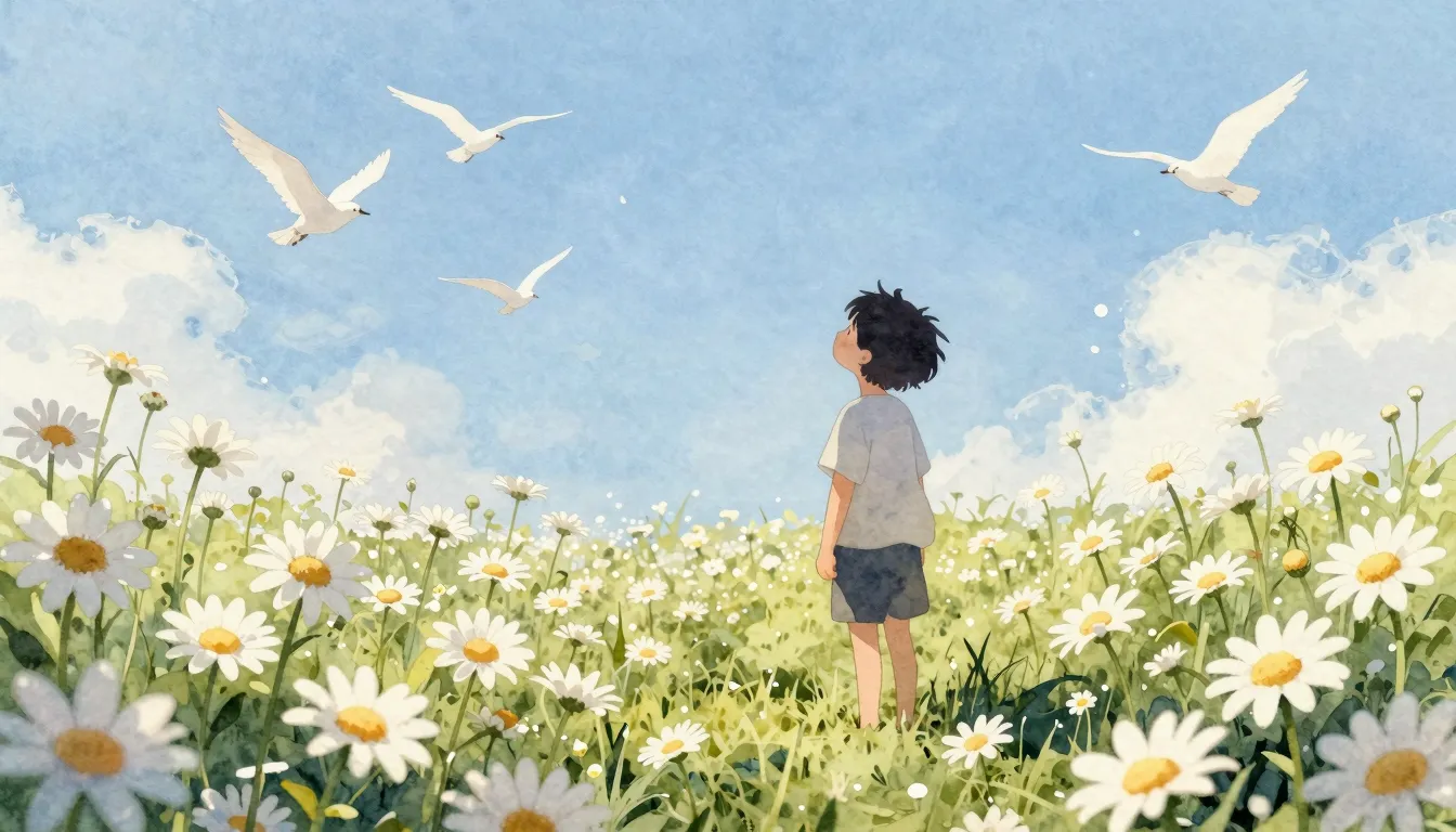 Watercolor style. A silhouette of a child standing in a fiel...