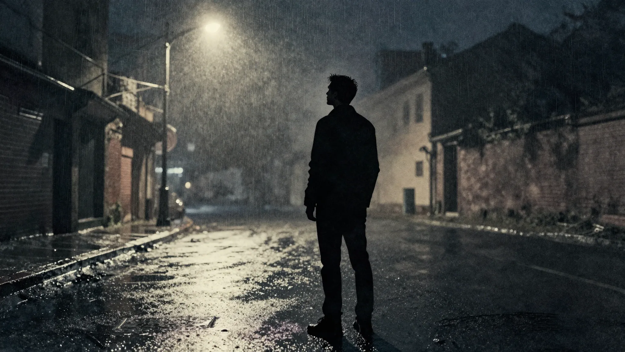 Watercolor style. A silhouette of a man standing alone on a ...