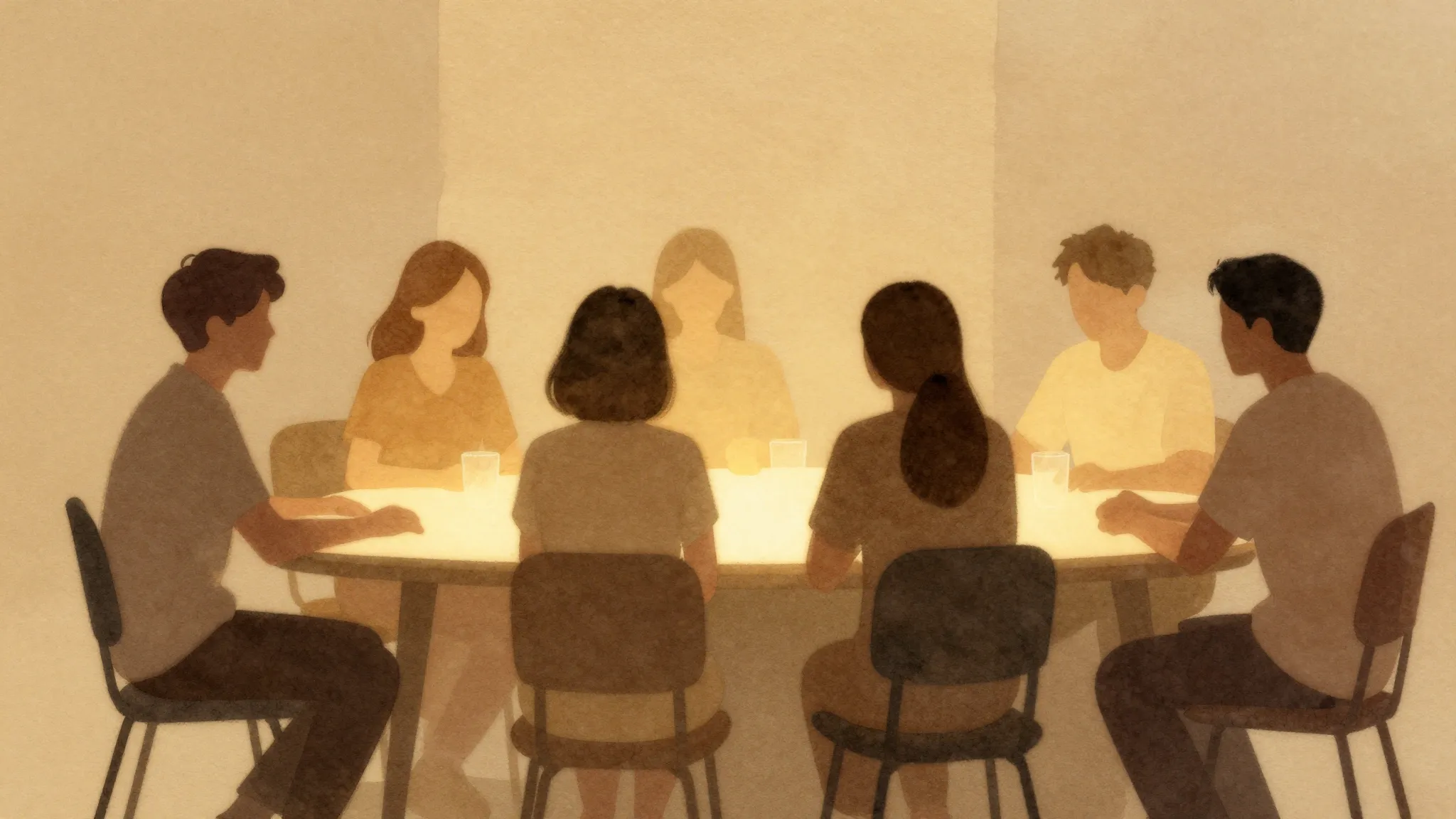 Watercolor style. Silhouettes of a group of friends sitting ...