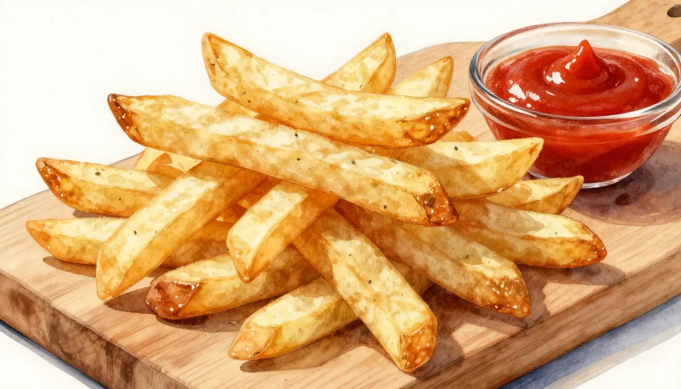 Watercolor style. A pile of hot french fries on a wooden boa...