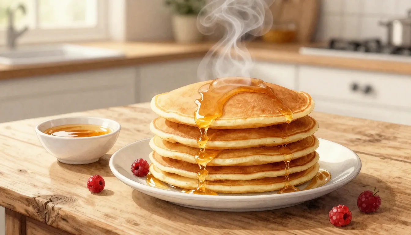 Watercolor style. A stack of golden, thin pancakes on a rust...