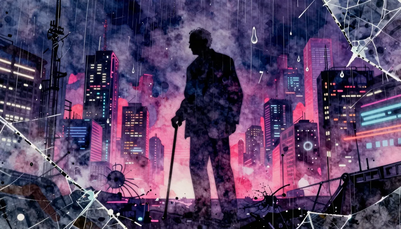 Vibrant watercolor style. Cyberpunk album cover, dark, neon ...