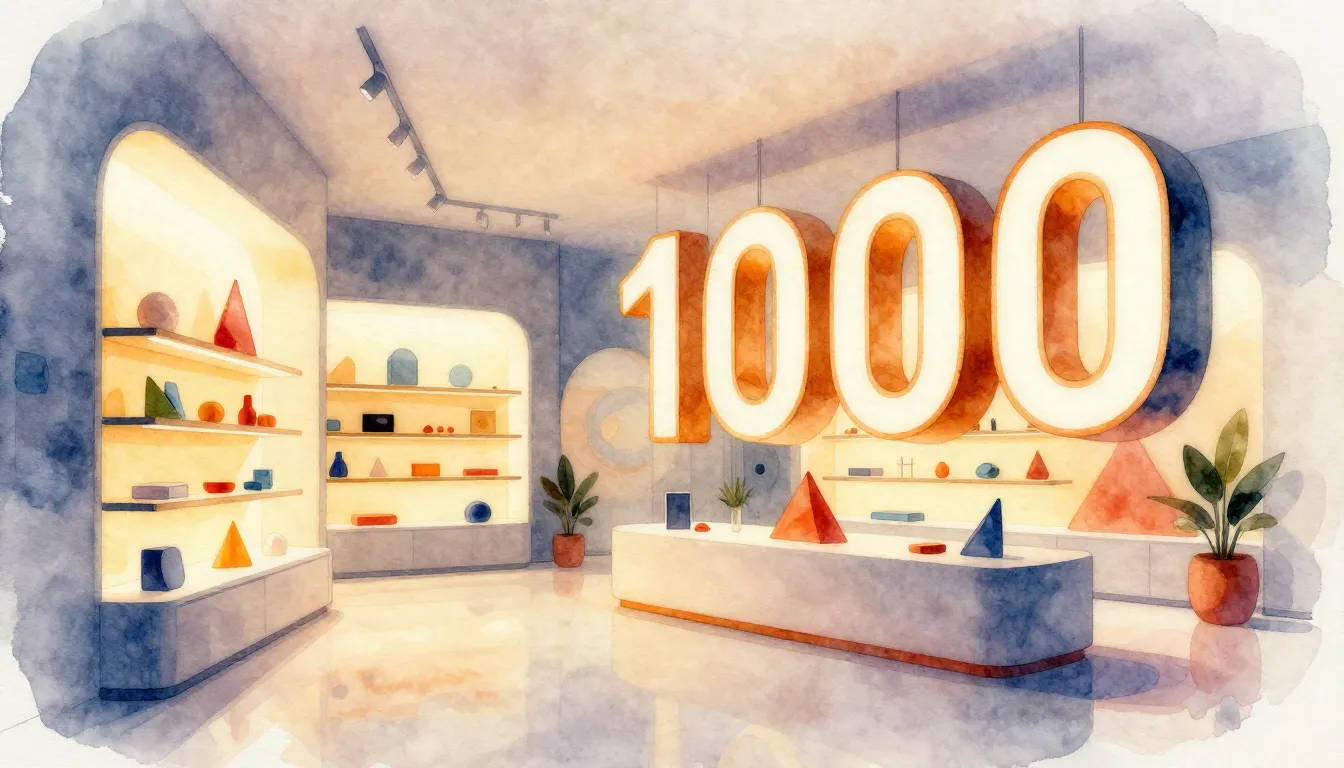 Watercolor style. Modern retail space with glowing shelves, ...