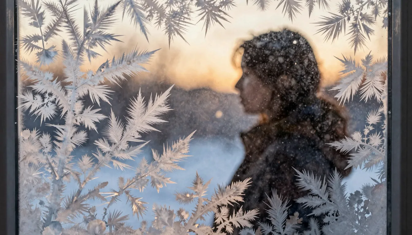 Watercolor style. Intricate frost patterns on a window pane,...