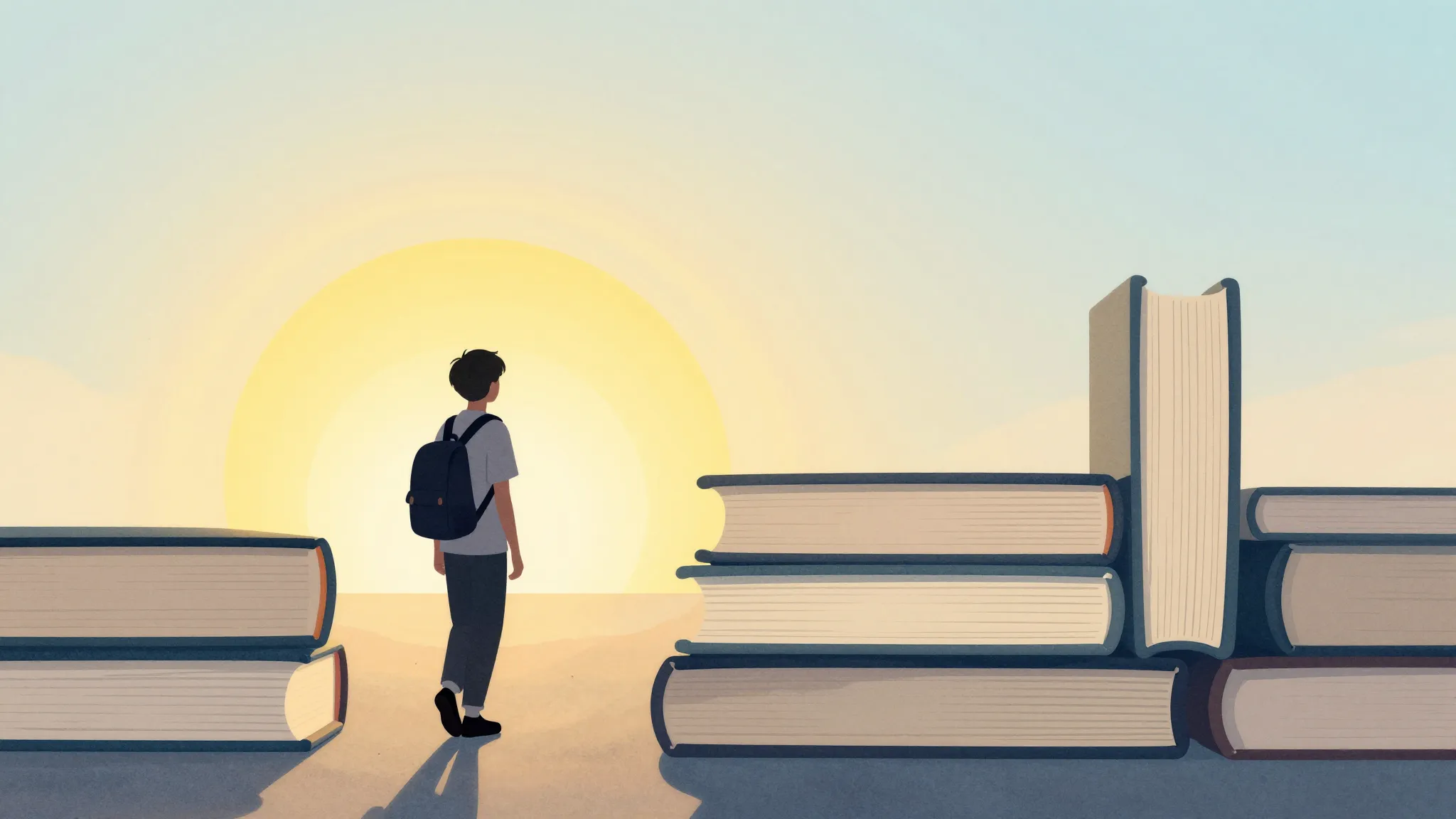 Watercolor style. A stylized silhouette of a student carryin...