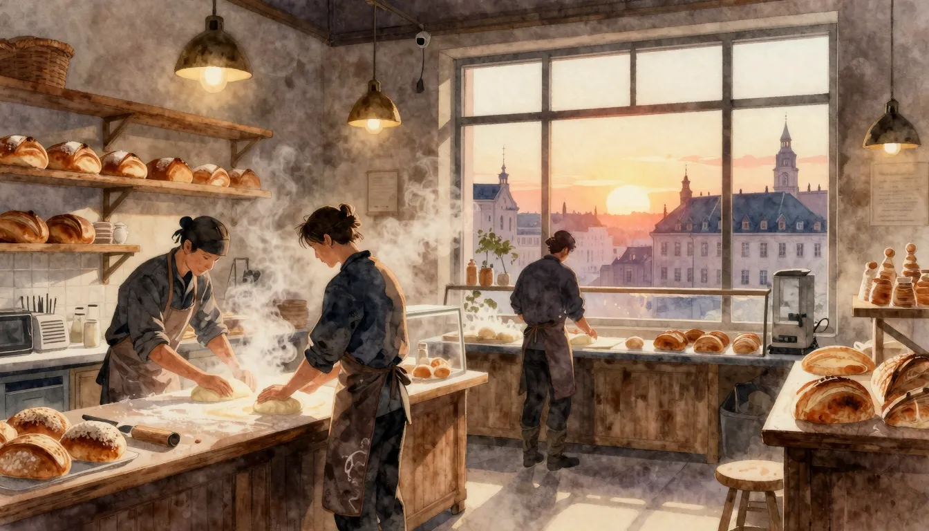 Watercolor style. A cozy, warm bakery interior at dawn, silh...