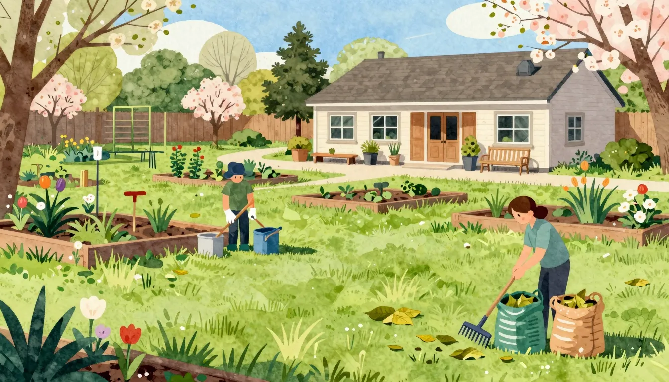 Watercolor style. A vibrant spring scene of a community gard...
