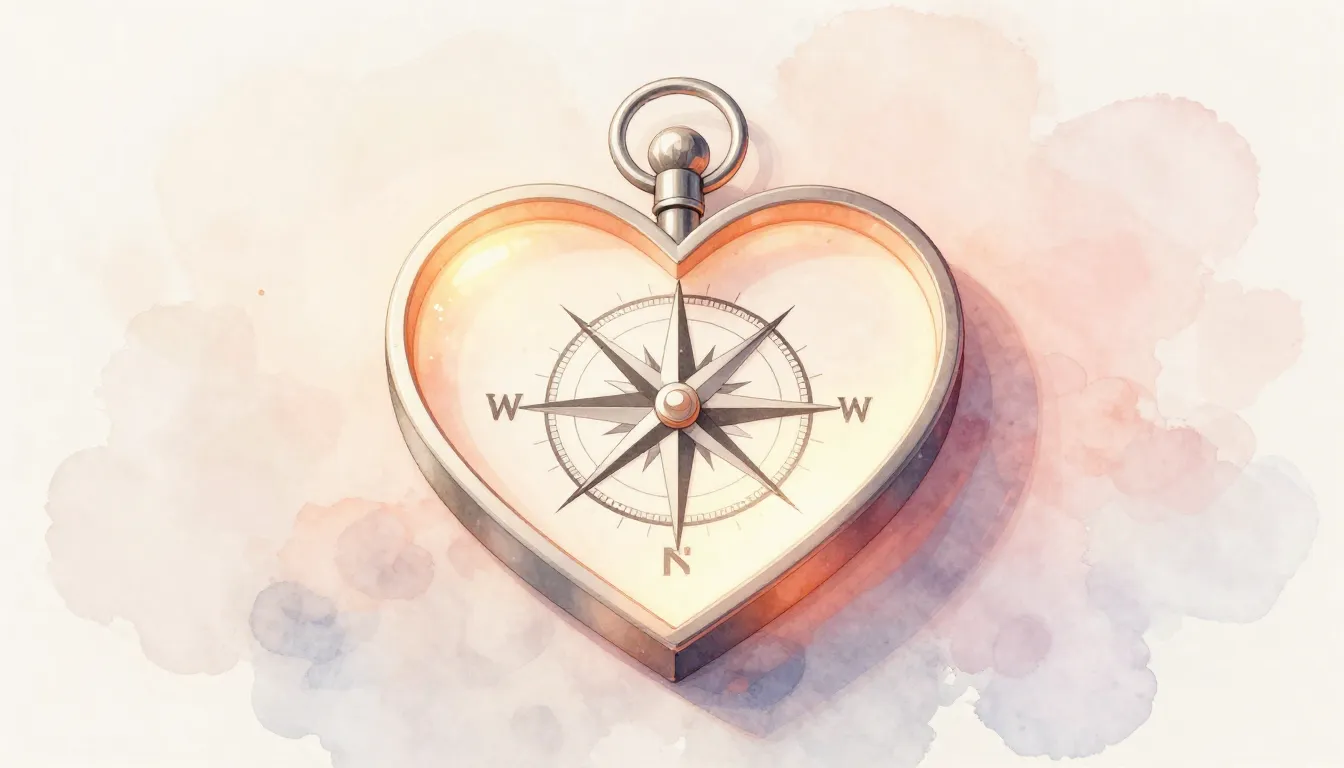 Watercolor style. A minimalist glowing heart-shaped compass ...