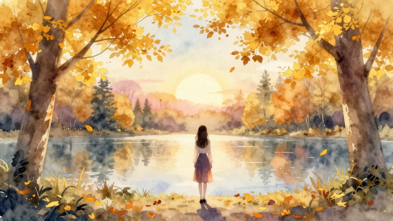Watercolor style. A romantic autumn landscape with golden le...