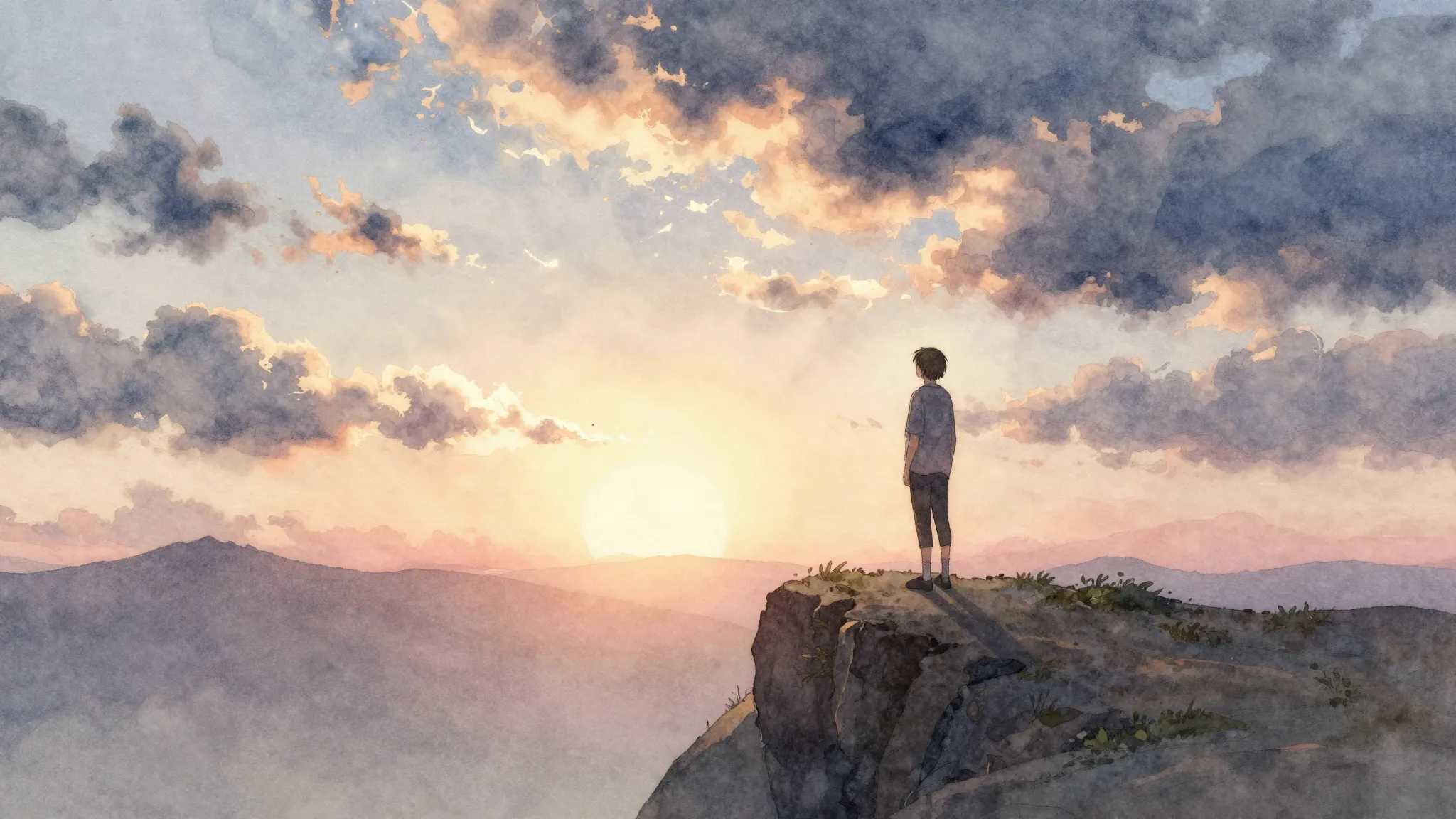 Watercolor style. A gentle silhouette of a person standing o...