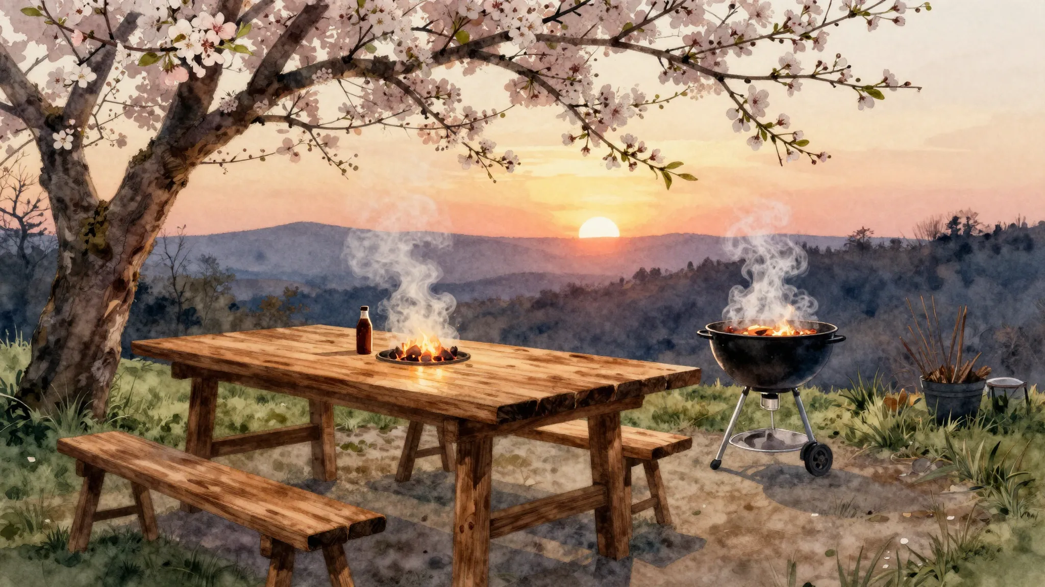 Watercolor style. A silhouette of a large wooden table outdo...