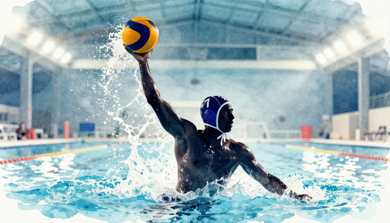 Watercolor style. A silhouette of a water polo player jumpin...