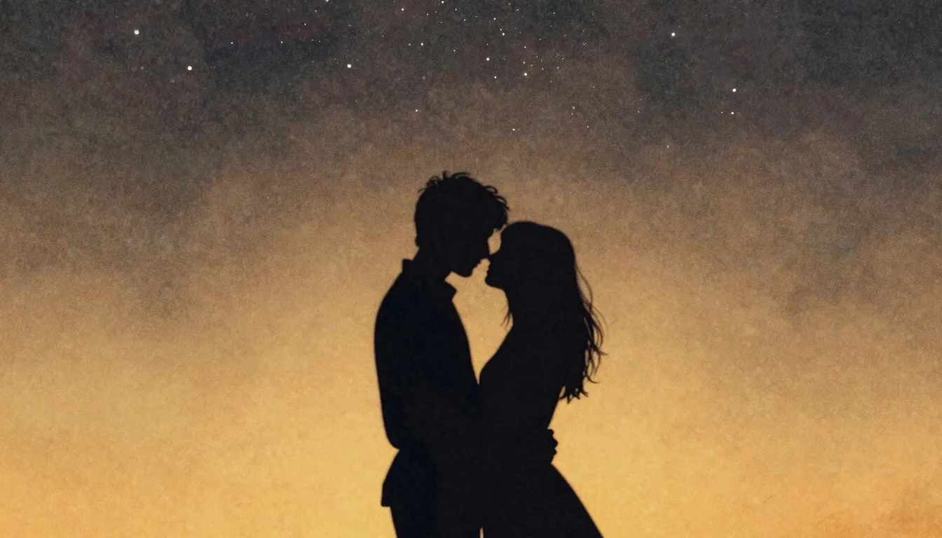 Watercolor style. Two dark silhouettes of a couple embracing...