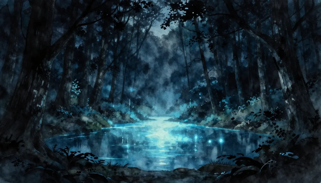 Watercolor style. A dark ancient forest with a glowing myste...