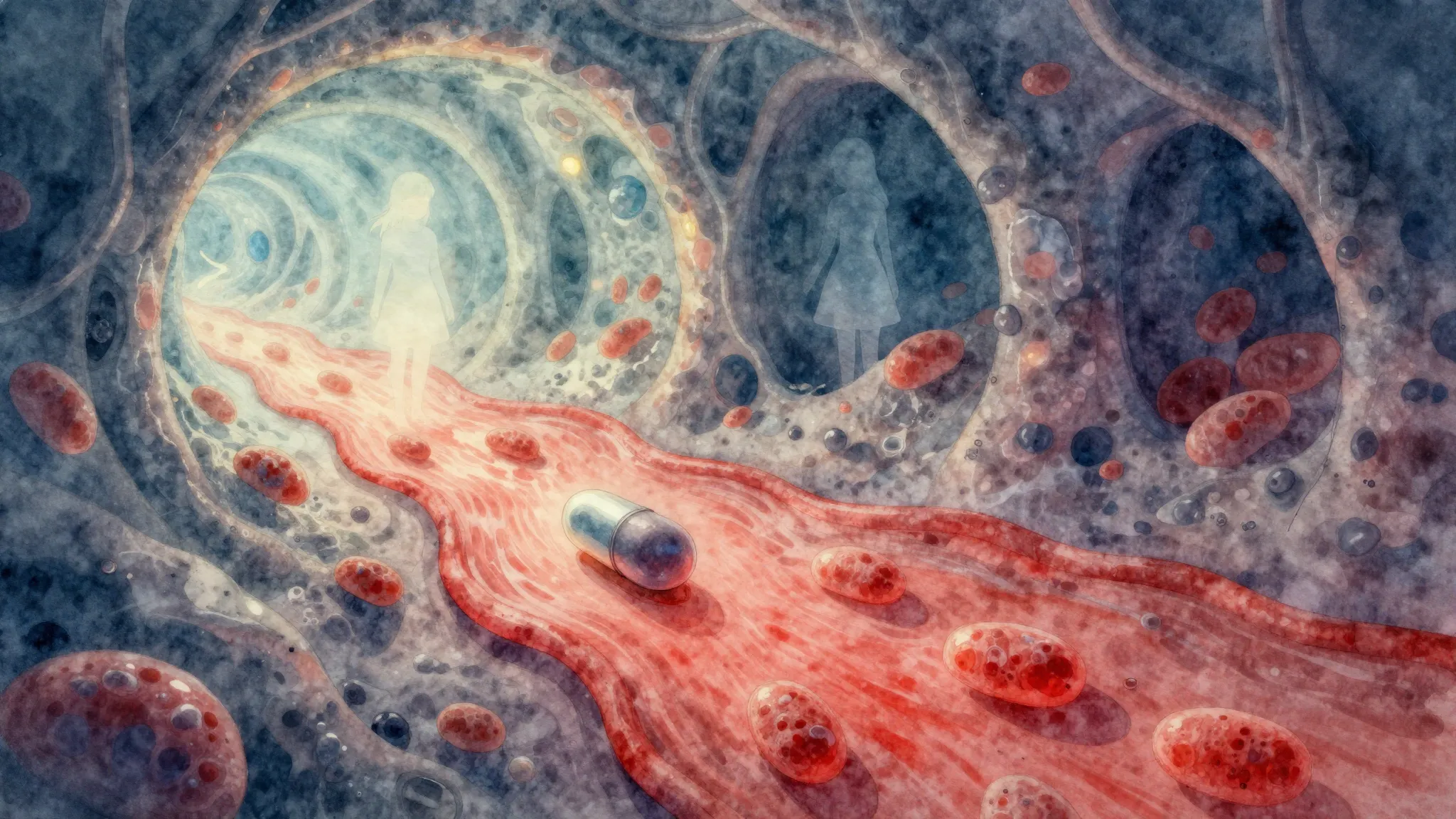 Watercolor style. A surreal, glowing landscape of interconne...