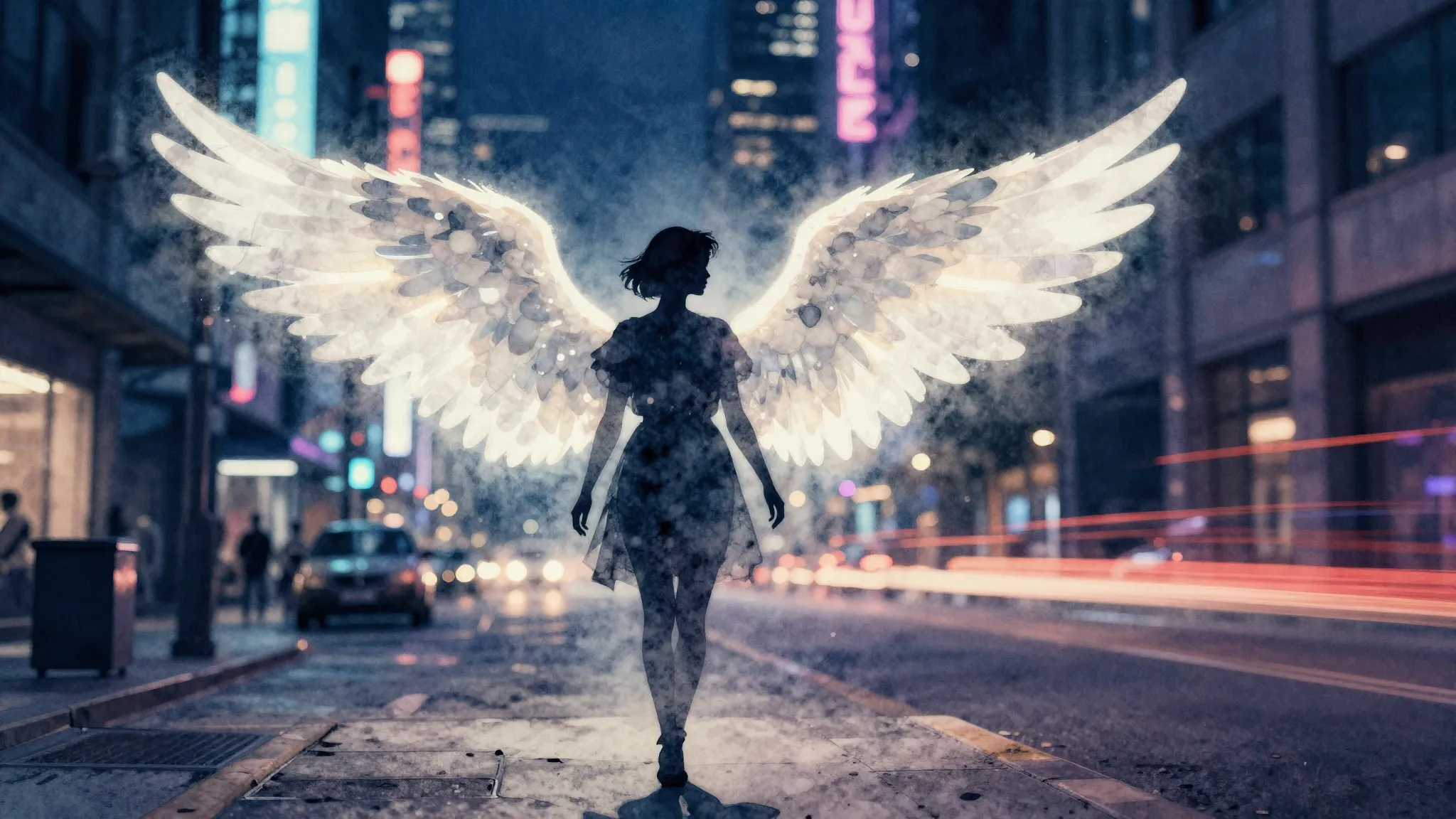 Watercolor style. A silhouette of an angel with glowing wing...