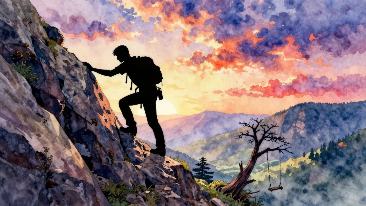 Vibrant watercolor style. A silhouette of a determined figur...