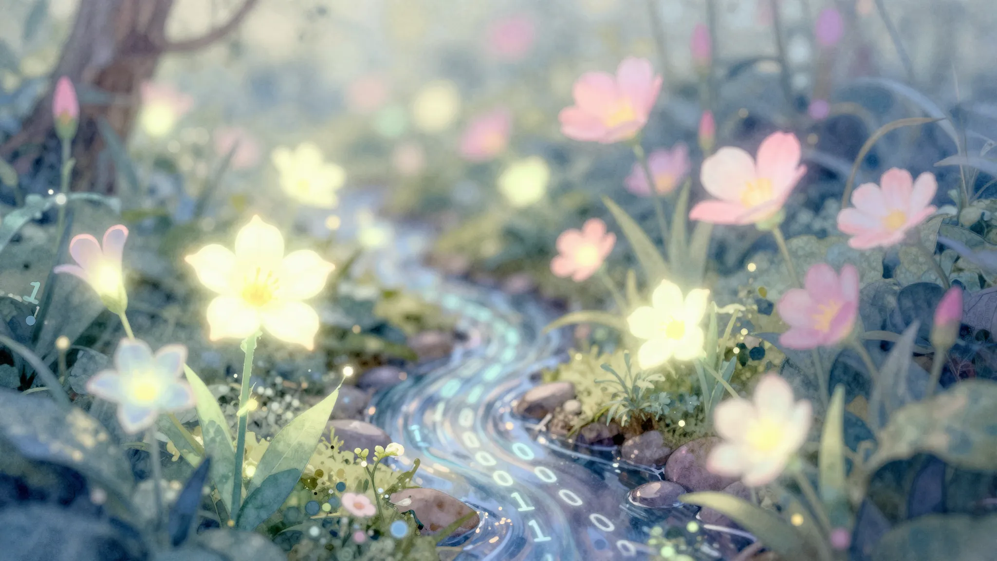 Watercolor style. A digital garden where glowing neon flower...