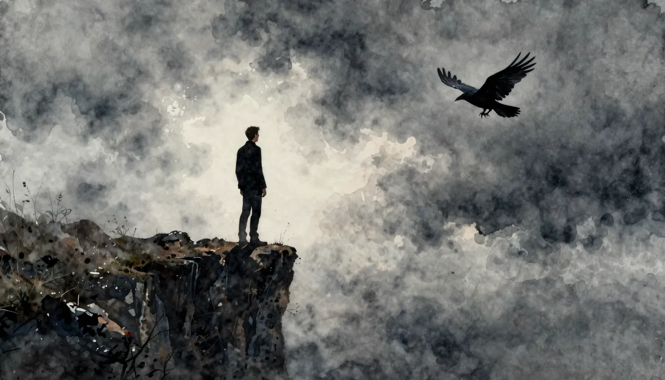Watercolor style. A lone silhouette of a man stands at the e...