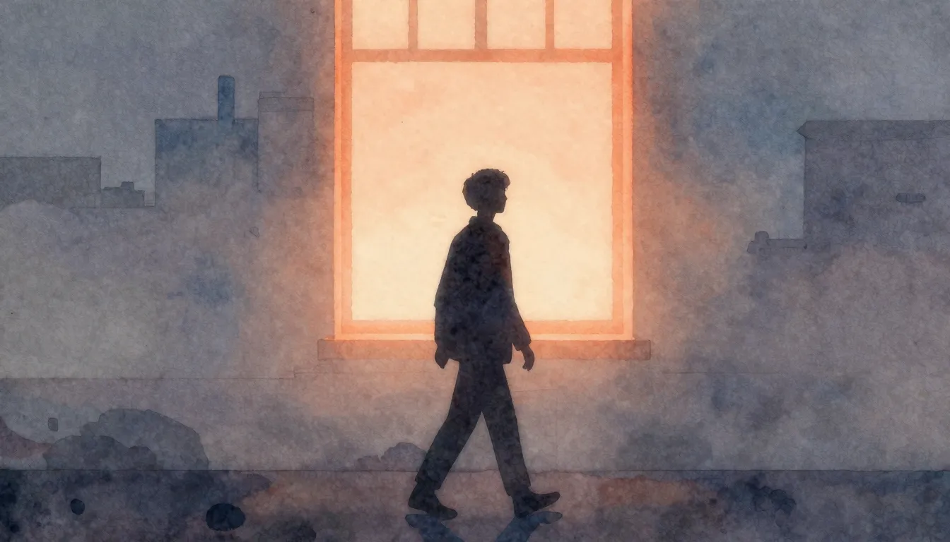 Watercolor style. A dark silhouette of a person walking towa...