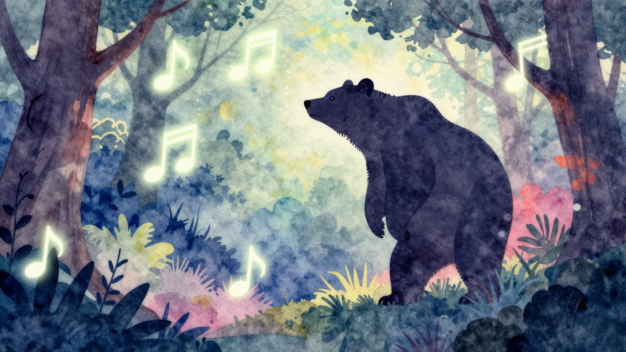 Watercolor style. Silhouette of a bear in a magical forest, ...