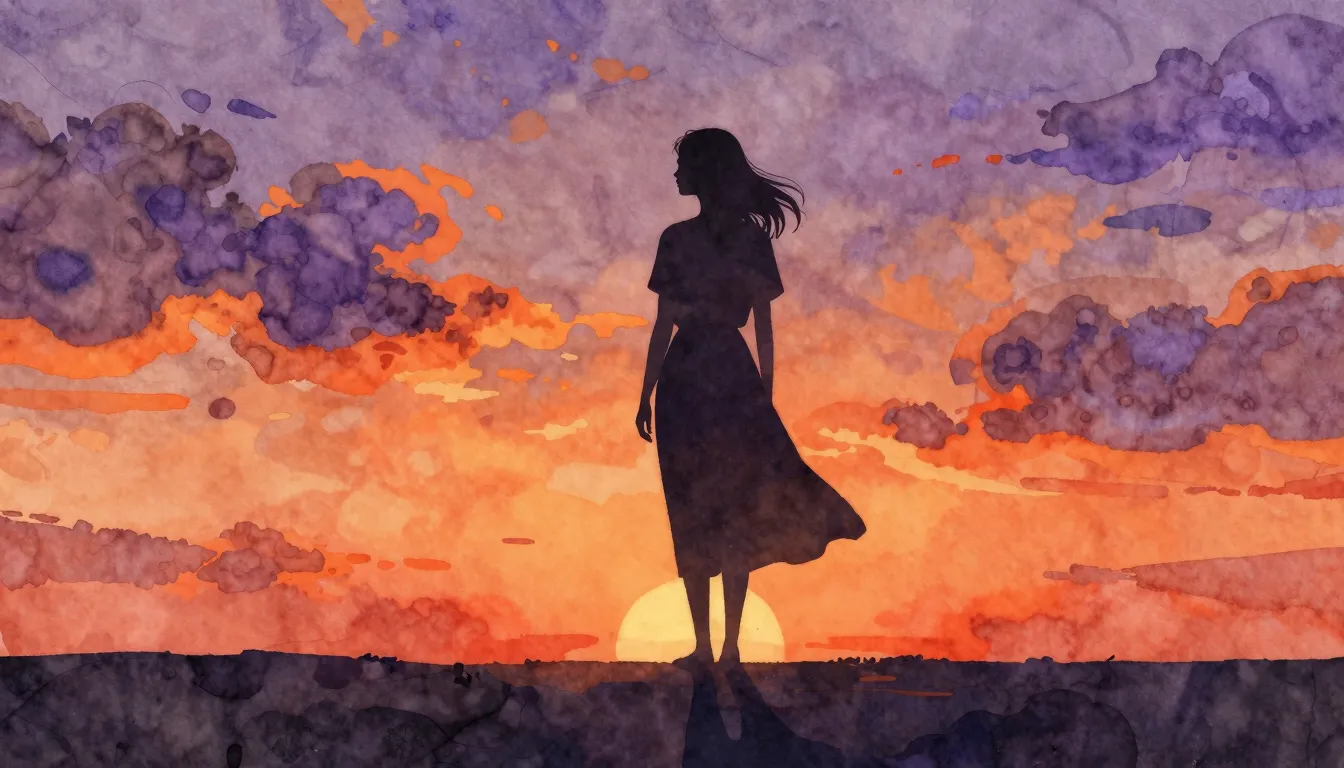 Watercolor style. Silhouette of a woman standing against a v...
