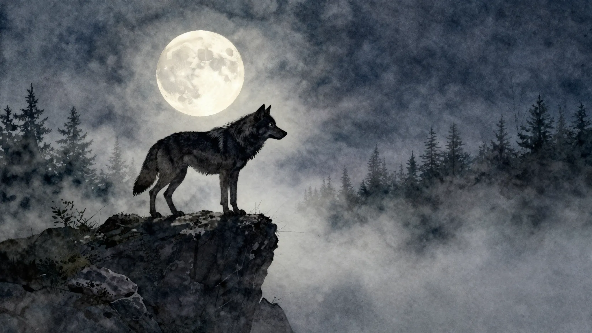 Watercolor style. A dark silhouette of a lone wolf standing ...