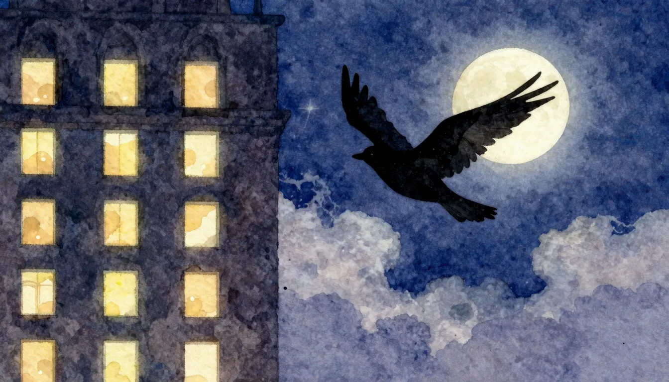 Watercolor style. Silhouette of a bird flying near a tall bu...