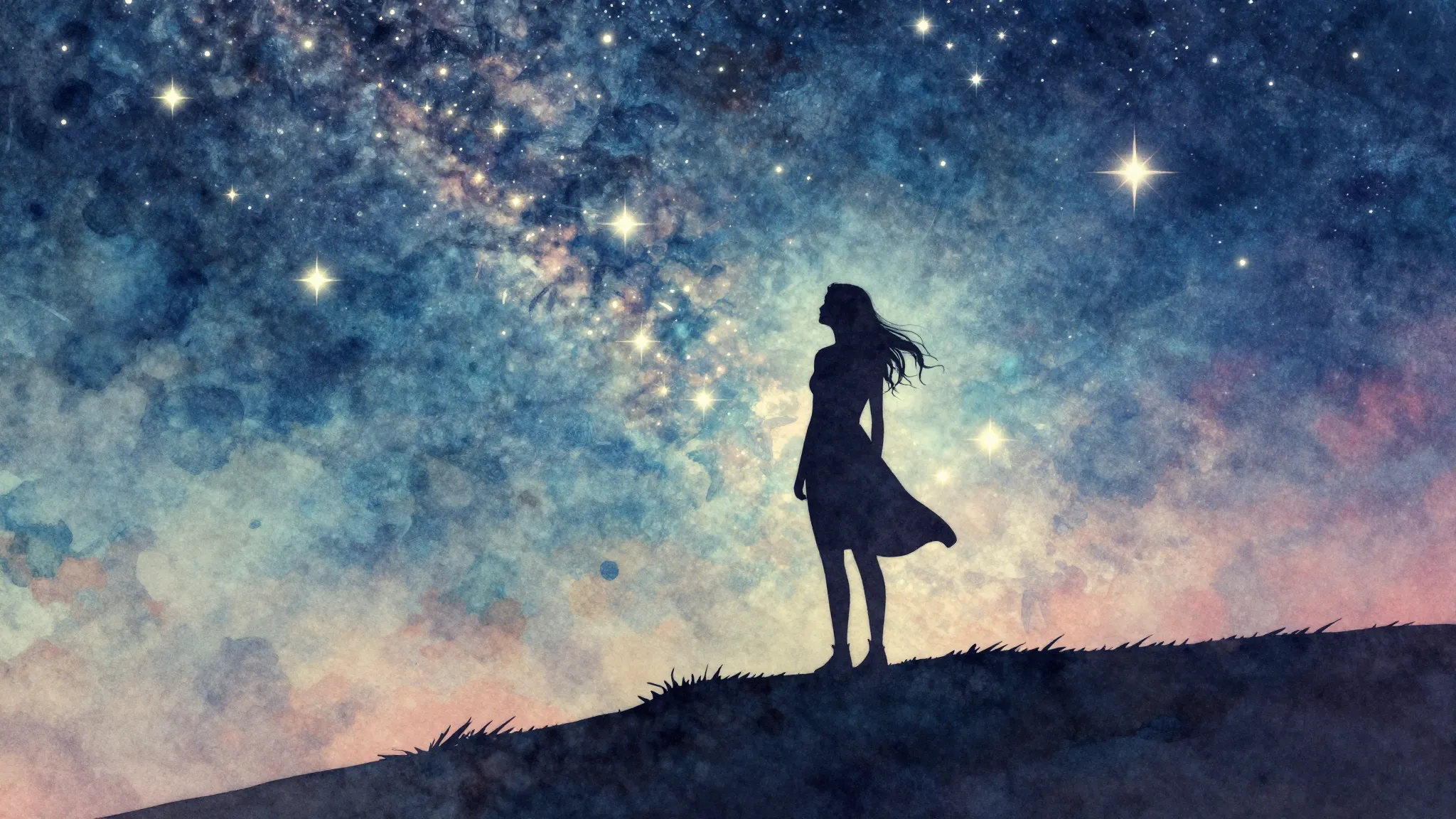 Watercolor style. A silhouette of a woman standing on a hill...