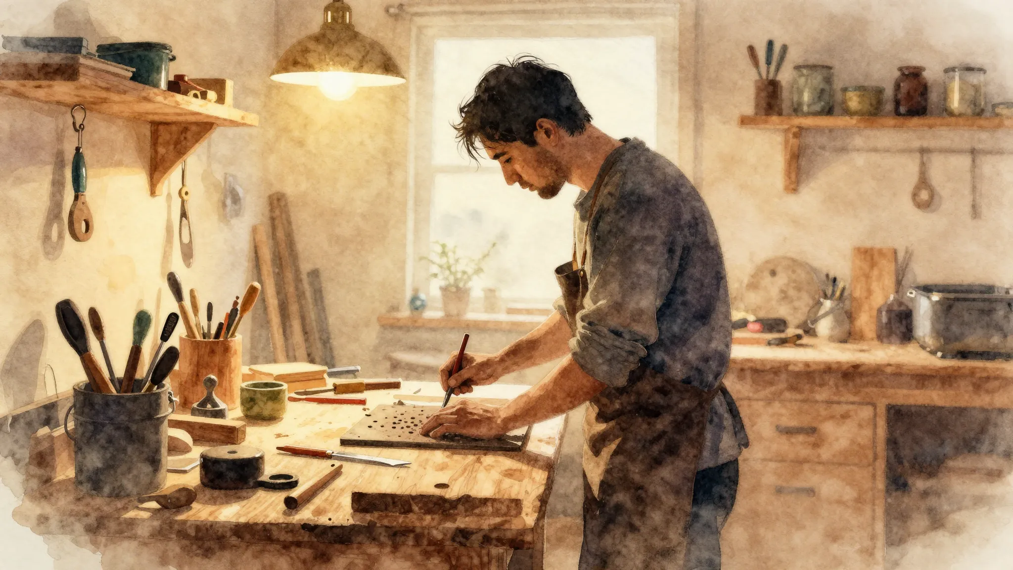 Watercolor style. Silhouette of a man working in a warm wood...