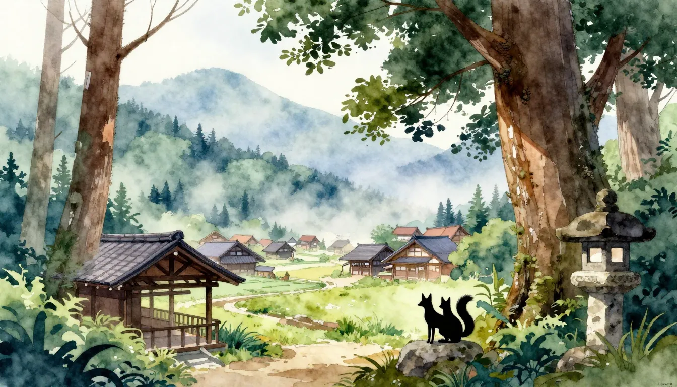Watercolor style. Scenic view of a hidden mountain village i...