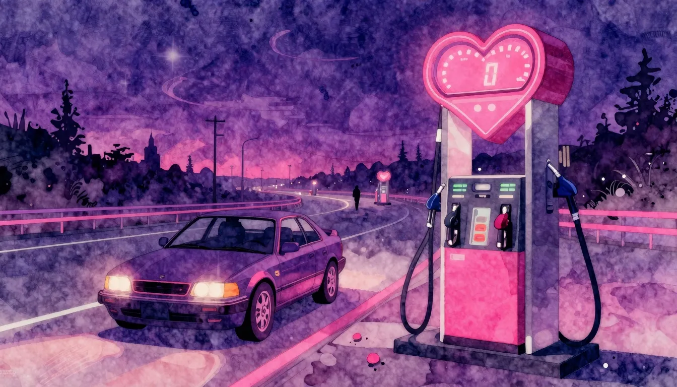 Vibrant watercolor style. Synthwave, neon, a lone car on a d...