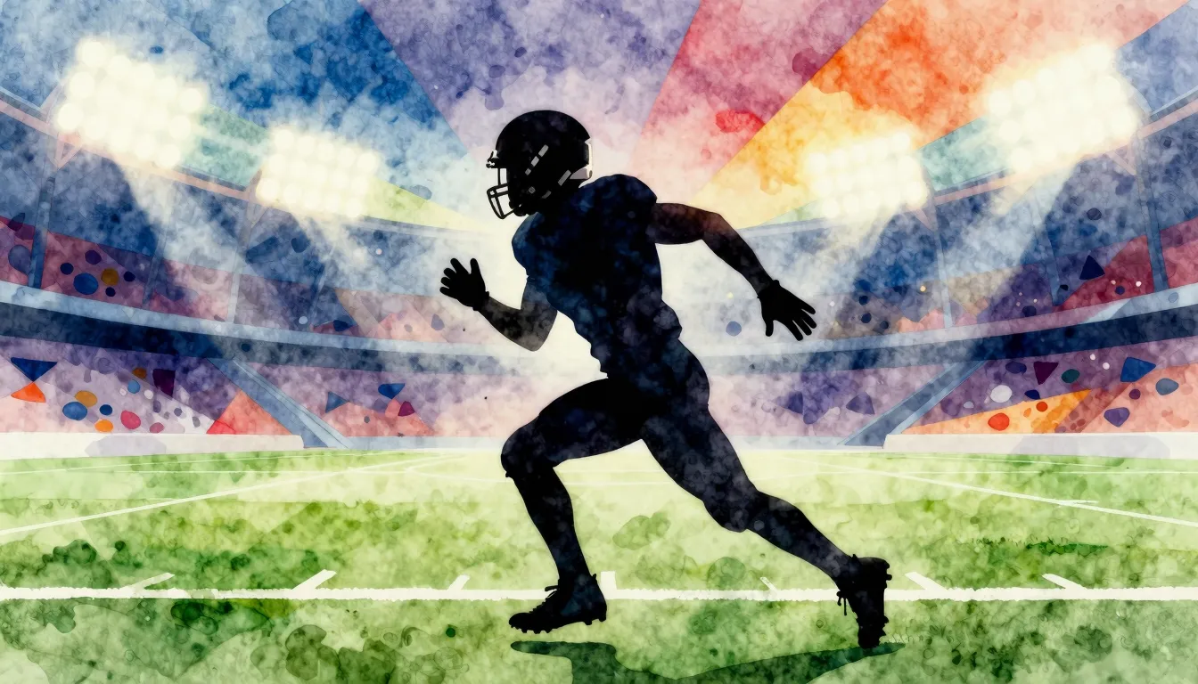 Watercolor style. A silhouette of a football player running ...