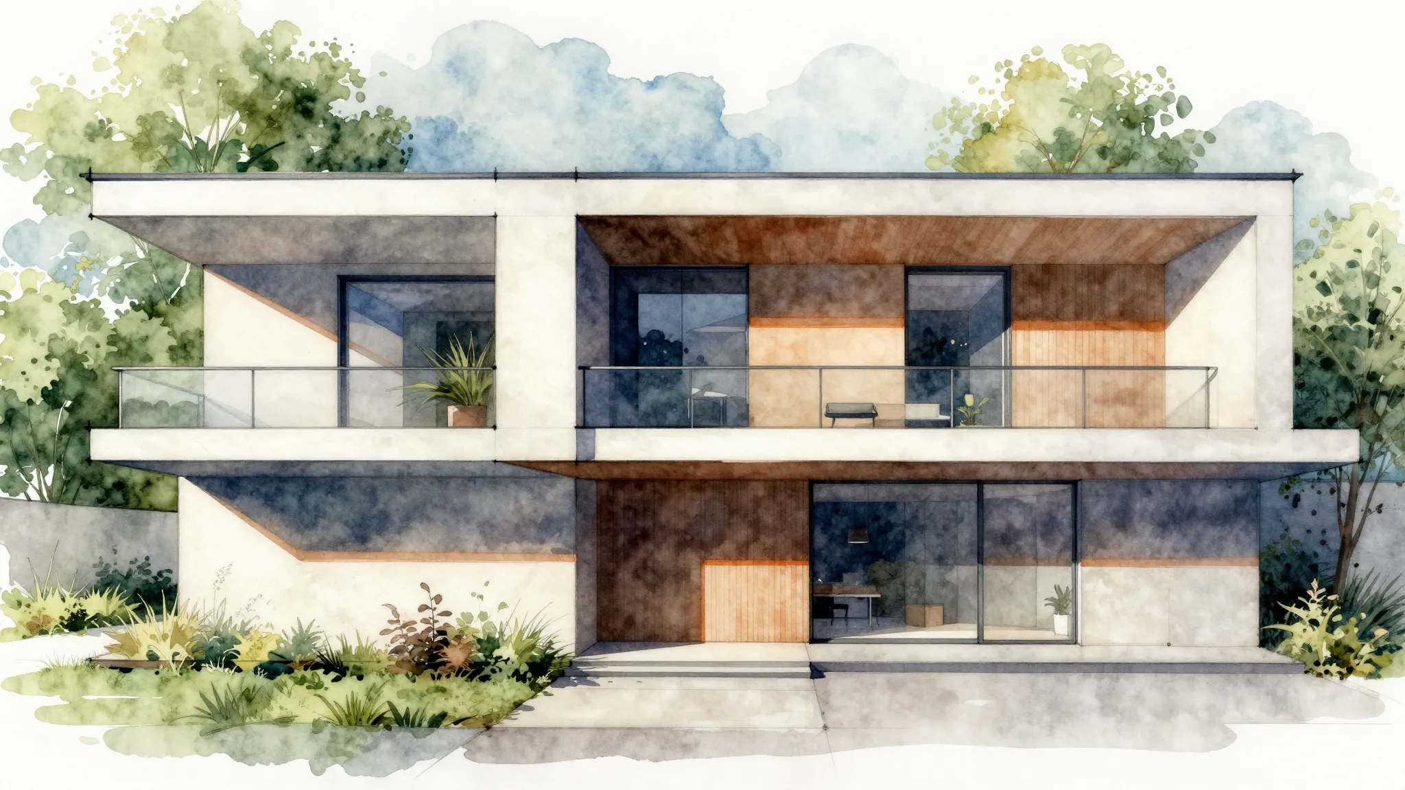 Watercolor style. Modern architectural sketch of a building ...