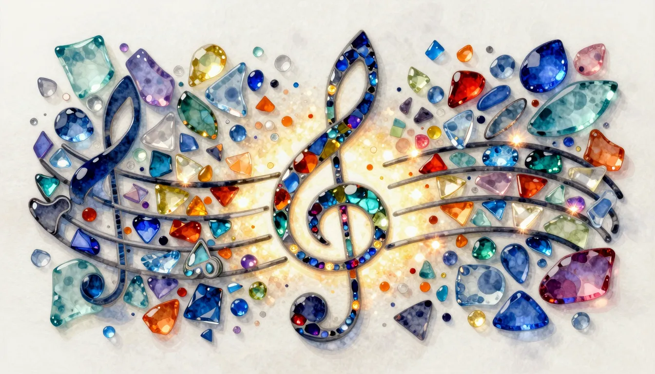 Watercolor style. A vibrant mosaic artwork of a musical treb...