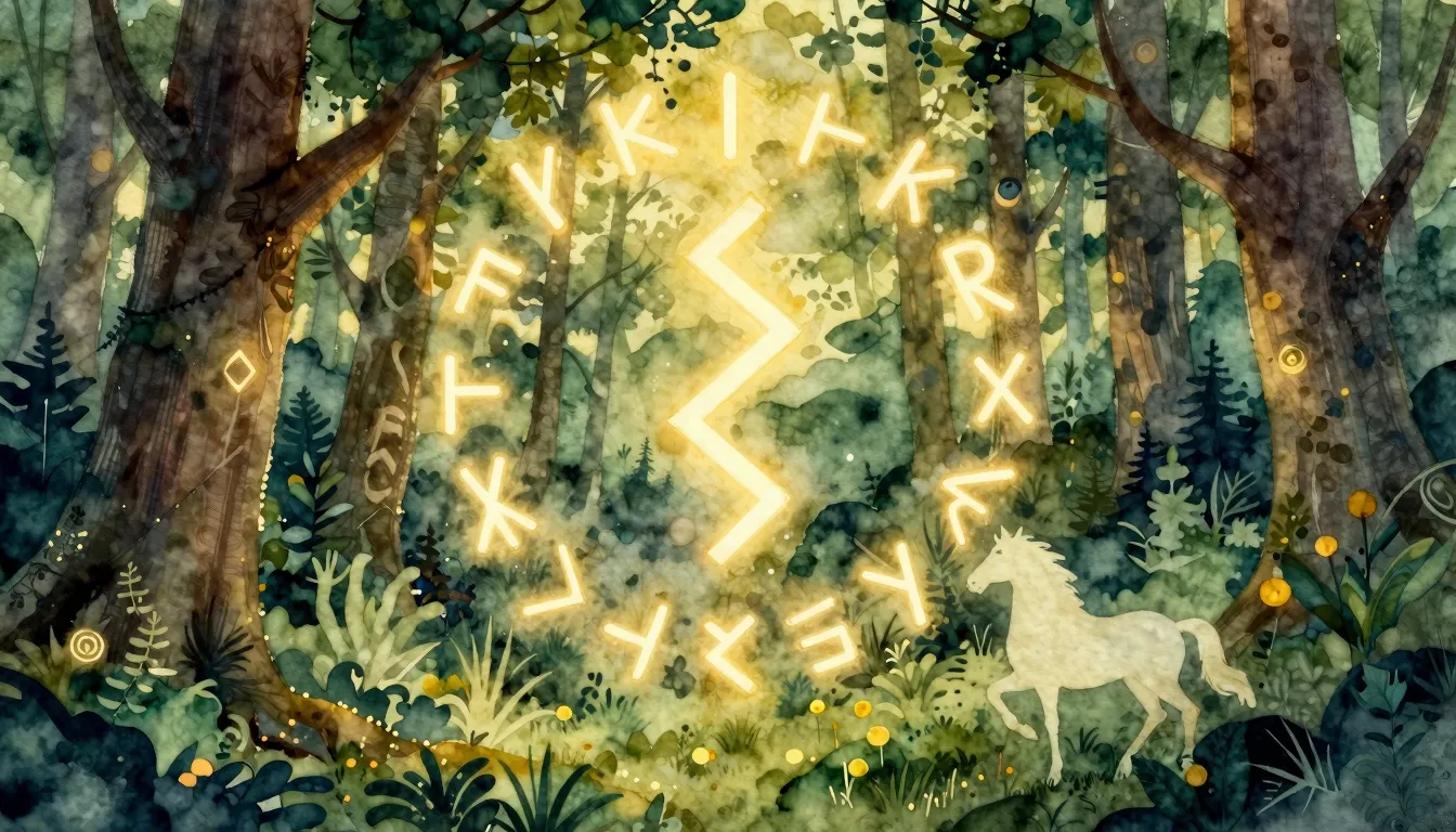 Vibrant watercolor style. Mystical folk album cover: ancient...