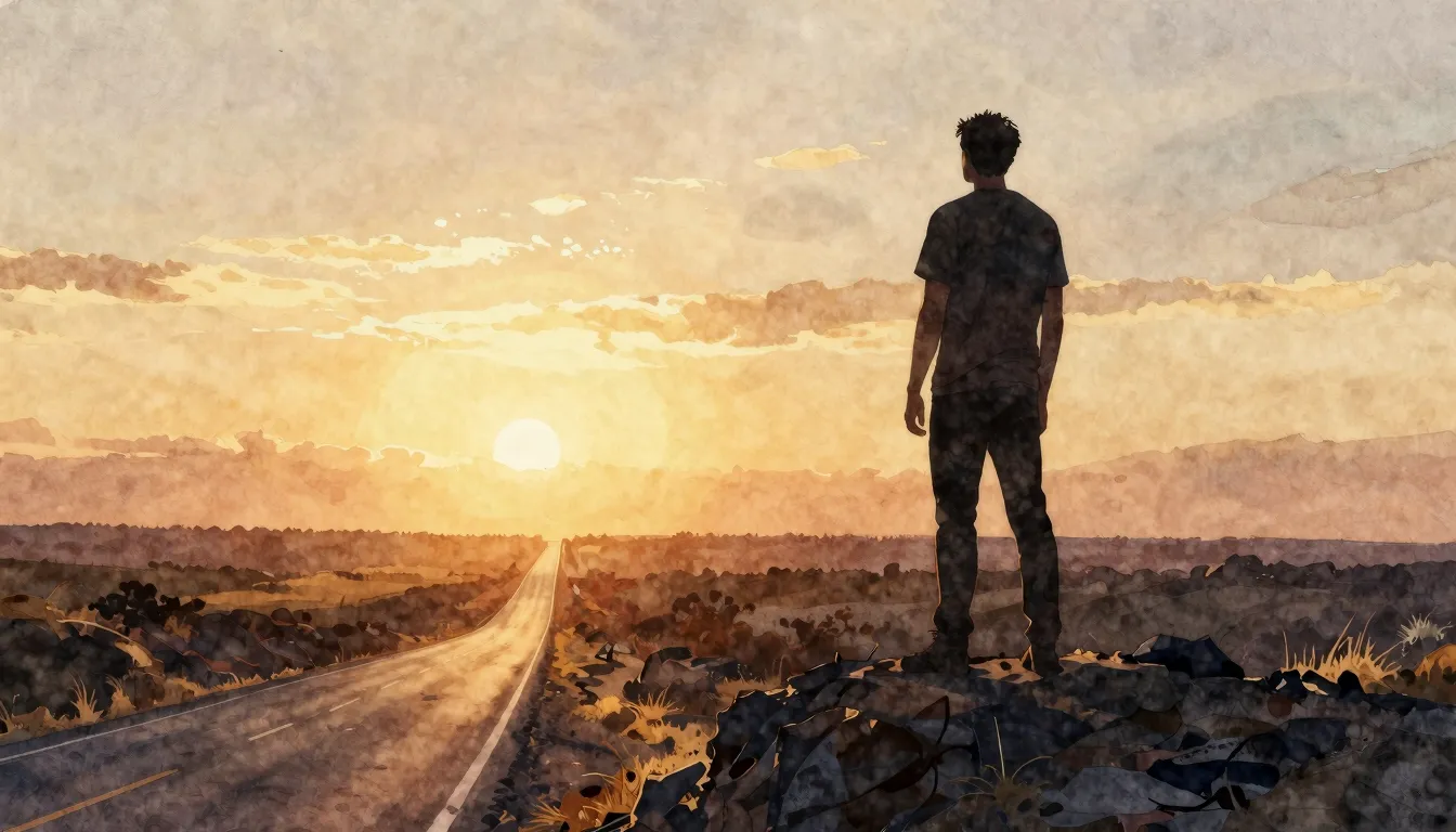 Watercolor style. A silhouette of a man standing on a high h...