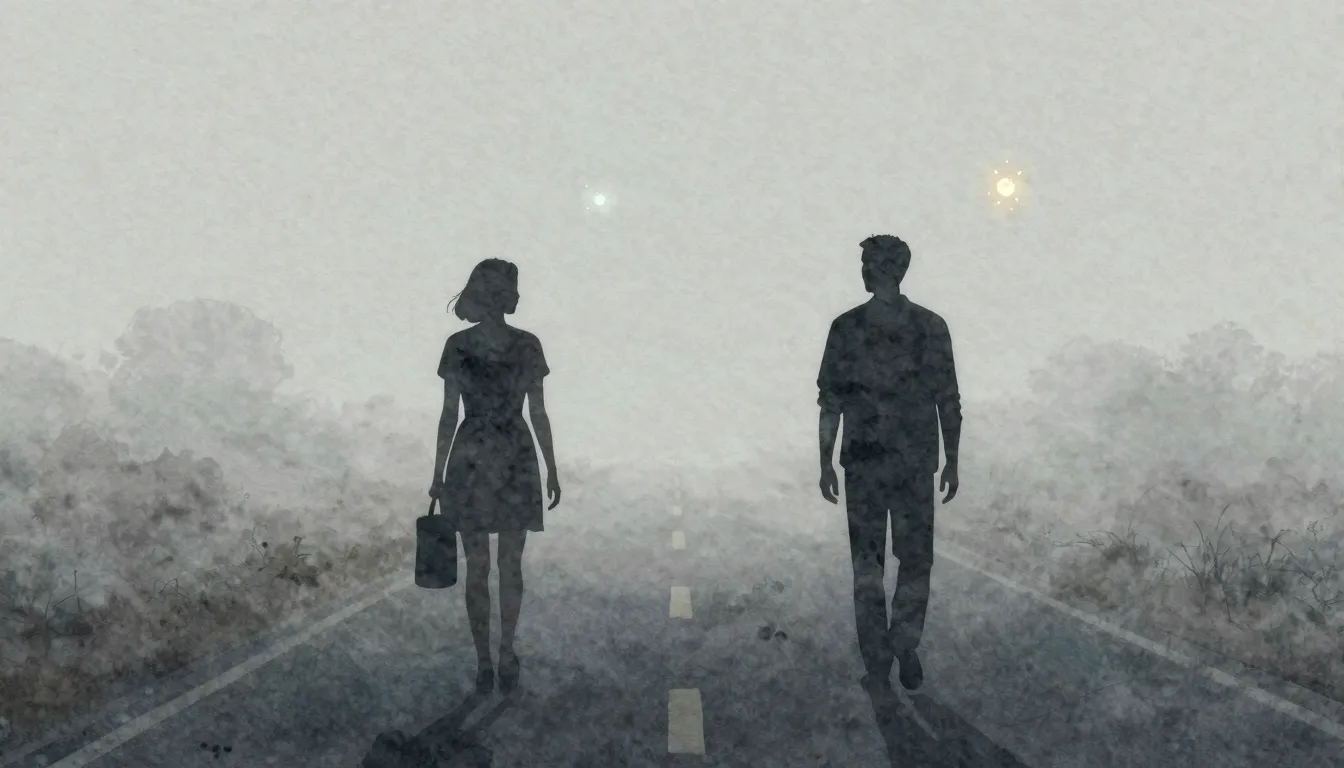 Watercolor style. Two silhouettes of people walking in oppos...