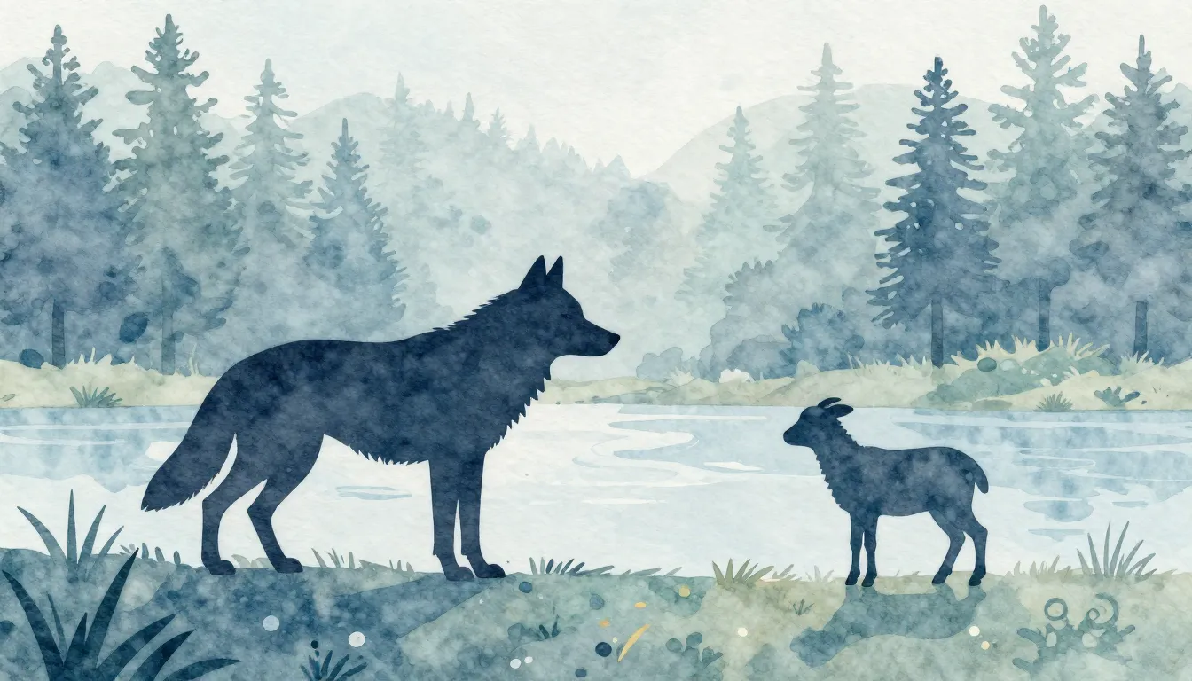 Watercolor style. Minimalist illustration of a wolf silhouet...