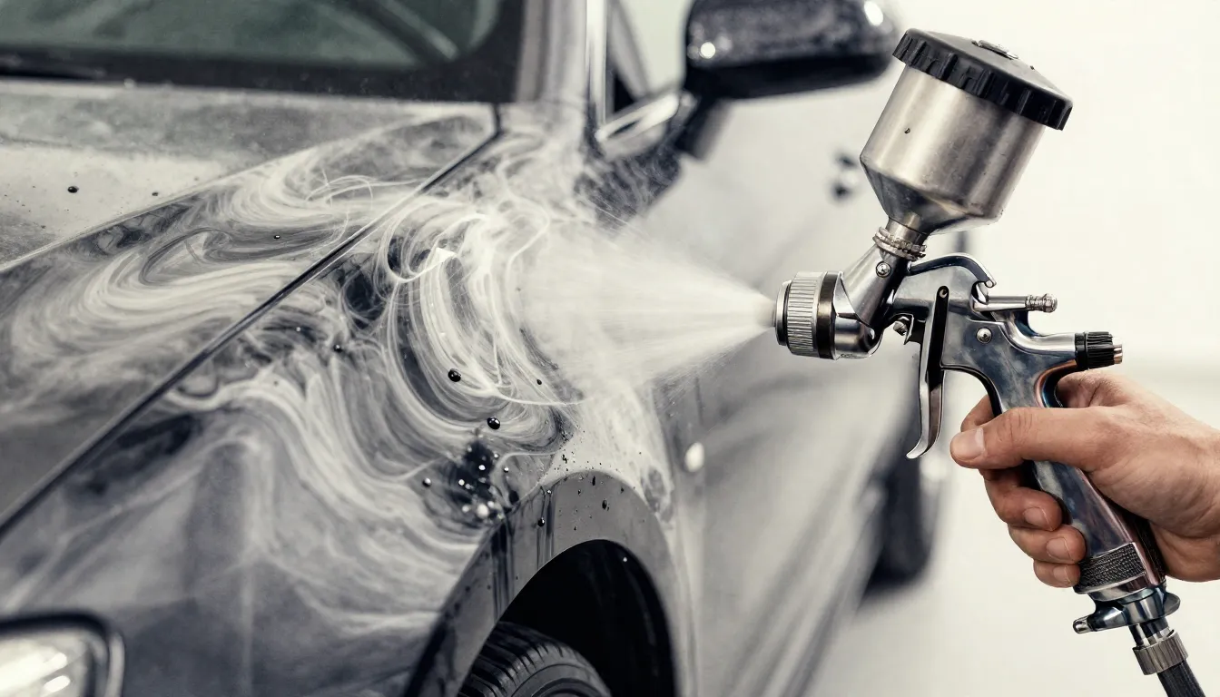 Watercolor style. Close-up of a professional spray gun apply...