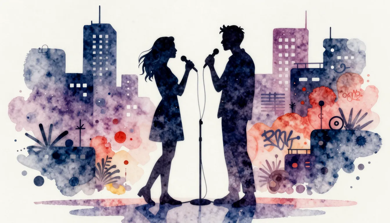 Watercolor style. Silhouettes of a couple standing on a stag...