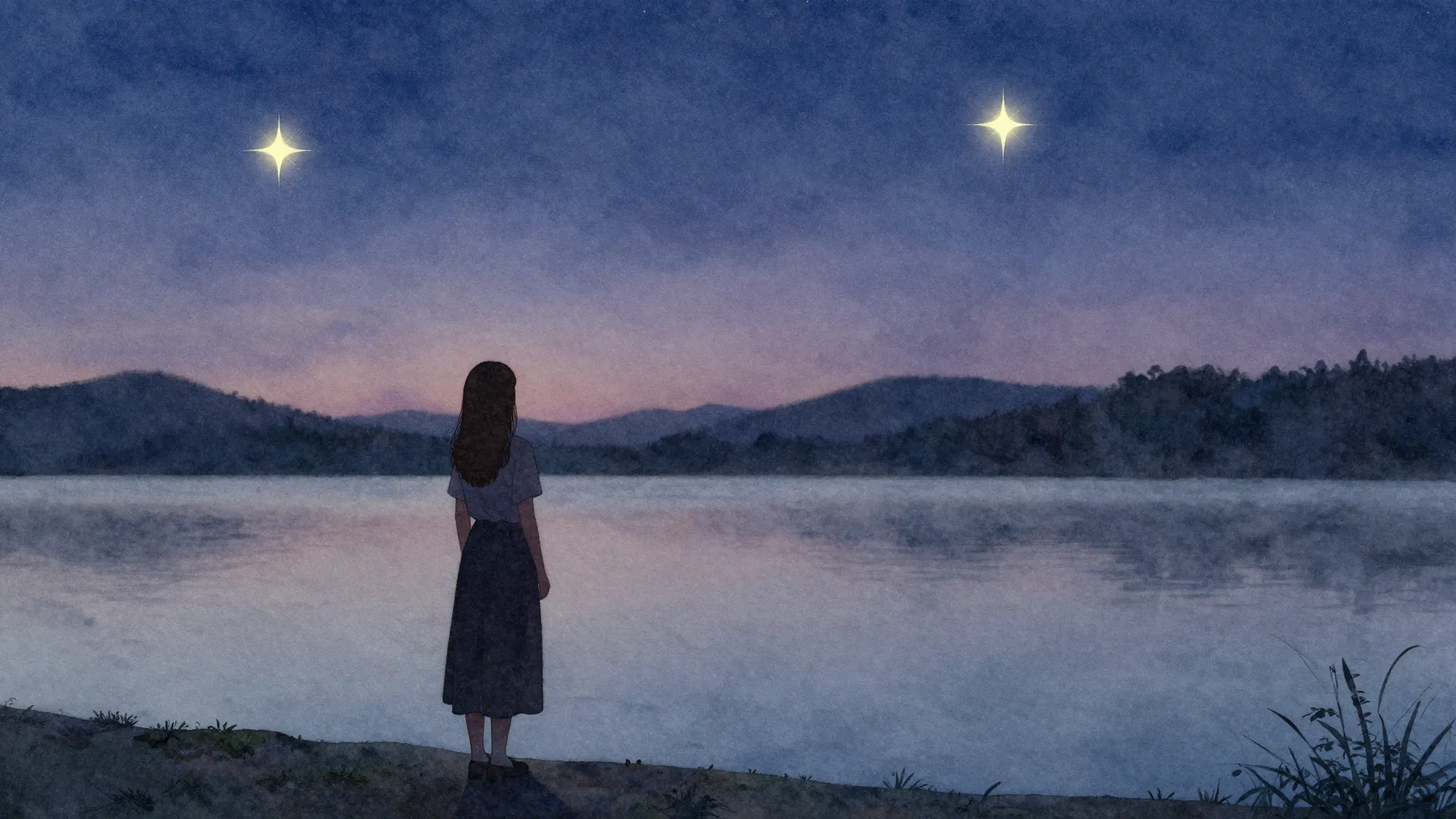 Watercolor style. A solitary silhouette of a woman standing ...