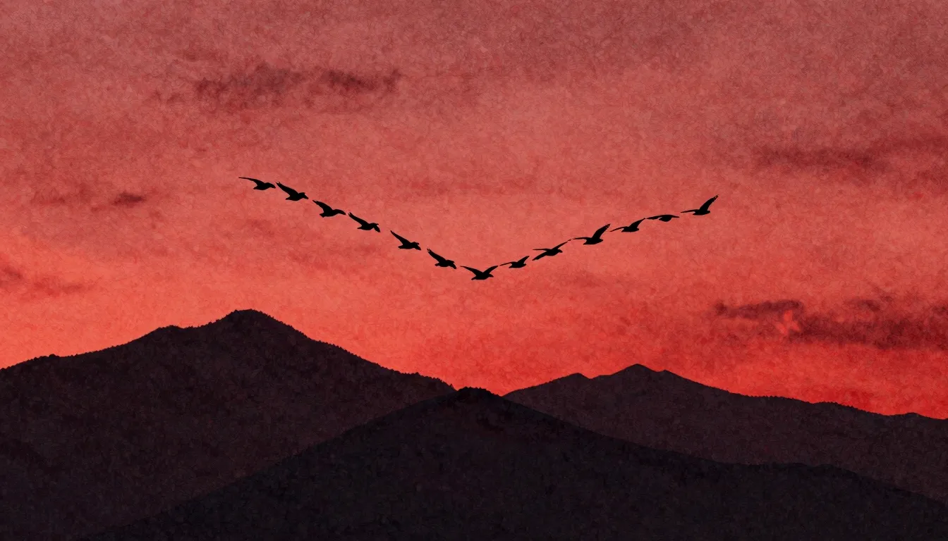 Watercolor style. Silhouette of a V-shaped bird formation fl...